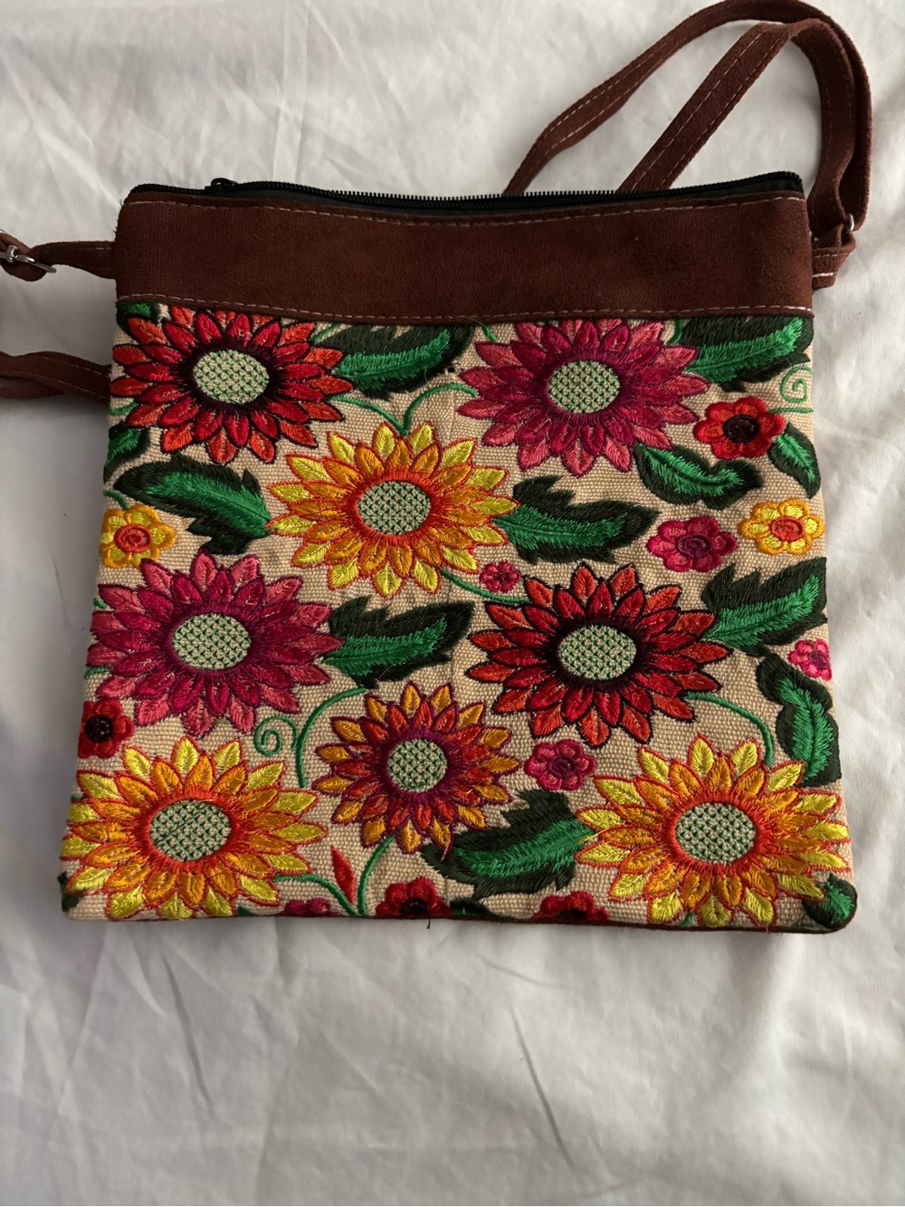 Embroidered Floral Crossbody Bag - Brown with Multicolor Flowers